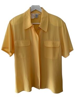 Vintage Cleo Butter Yellow Blouse Button Up Shoulder Pads Retro Size 12
